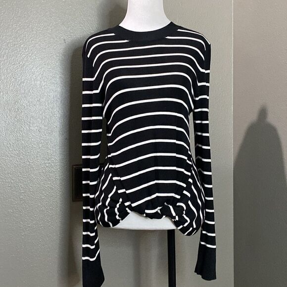Topshop Front Knot Long Sleeve Crew Neck Black and White Stripes Sweater Top - Picture 2 of 11